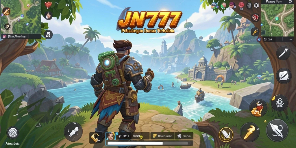 Screenshot gameplay JNT777 yang menampilkan eksplorasi dunia terbuka yang luas.