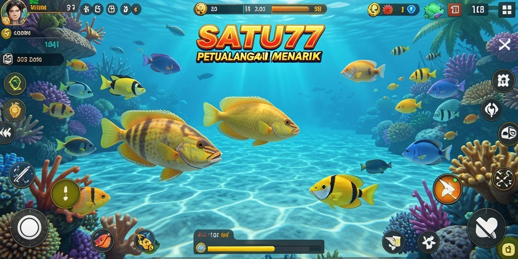 Screenshot SATU77 menampilkan pemain yang sedang menembak ikan dengan grafis menarik.