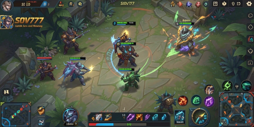 Tangkapan layar gameplay <strong>SOV777</strong> menampilkan pertarungan yang intens dalam mode MOBA.